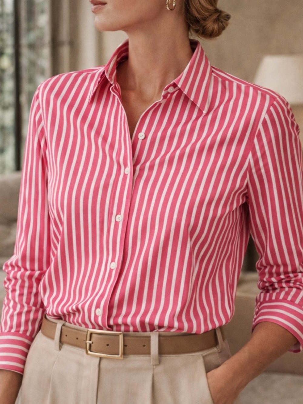 Lauren Ralph Lauren Pink and White Striped Button-Down Shirt